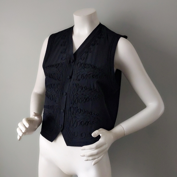 Vintage 1990s Paul Harris Black Silk Soutache Scroll Vest M - Picture 1 of 5